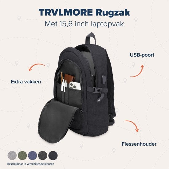 TRVLMORE Sac à dos - 25L - 15.6 inch - Sac à dos pour ordinateur portable - Sac d'école - Unisex - Splashproof Black