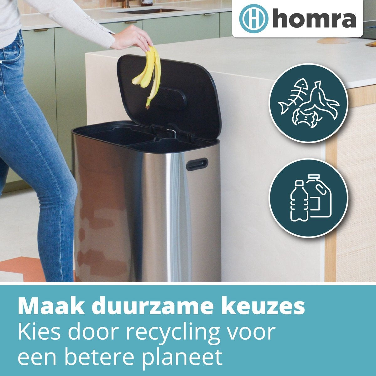 Poubelle double - Homra - 2x30L Homra Rockx - Poubelle Duo à pédale 60L avec filtre anti-odeurs - Poubelle de tri en acier inoxydable 2 compartiments - Poubelle de recyclage - Poubelle de cuisine pour le tri des déchets - Corbeille à déchets - acier inoxy