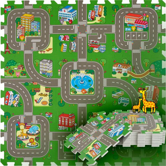 tectake® - Tapis de jeu - tapis de jeu en mousse - Tapis de jeu bébé - Ville et routes - 90 x 90 cm - Tapis puzzle 9 pièces - Antidérapant - Absorbe le bruit et résiste à l'humidité