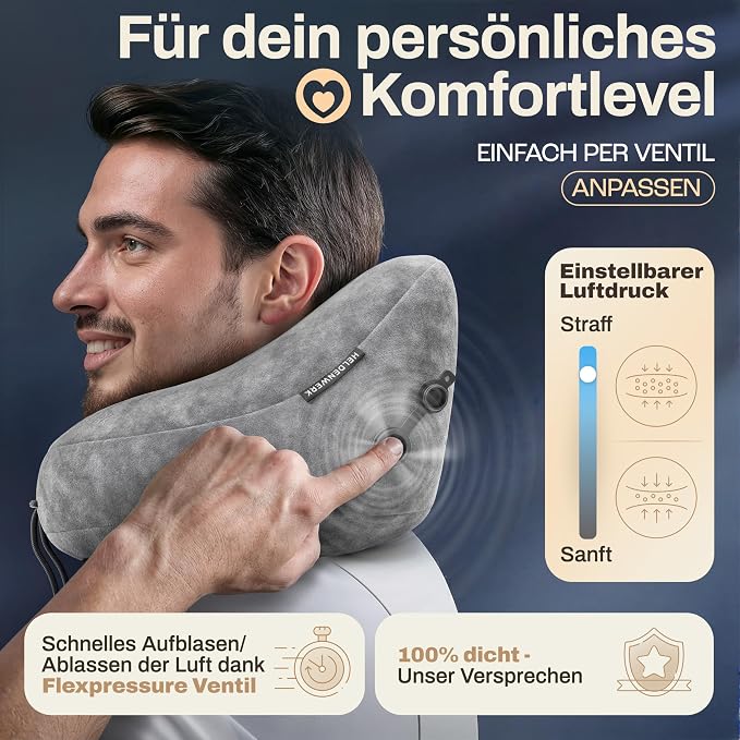 HELDENWERK Oreiller de voyage haut de gamme avec capuche – Oreiller gonflable pour la nuque et la tête – 5 positions de sommeil – Avec bouchons d'oreille et sac de rangement