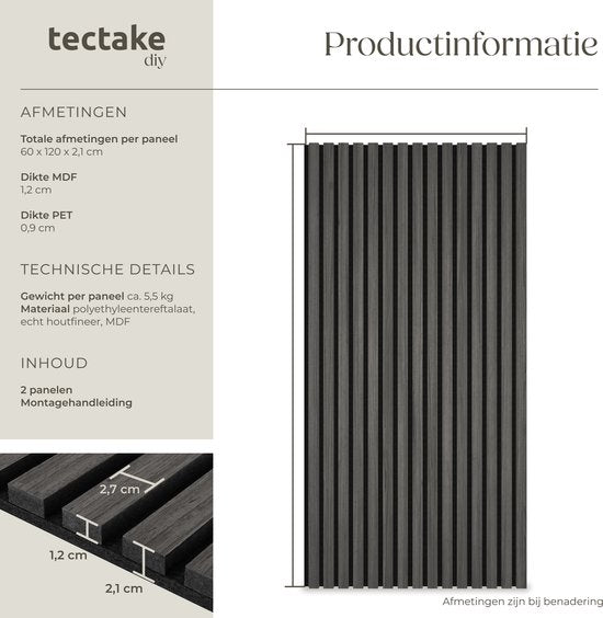 Panneaux acoustiques tectake® - Lot de 2 - Panneau mural acoustique - 60 x 120 cm - 1,44 m² - Panneaux muraux aux dimensions personnalisables - Panneau à lattes en MDF et placage de bois - Isolation acoustique - Décoration murale élégante - Montage facile
