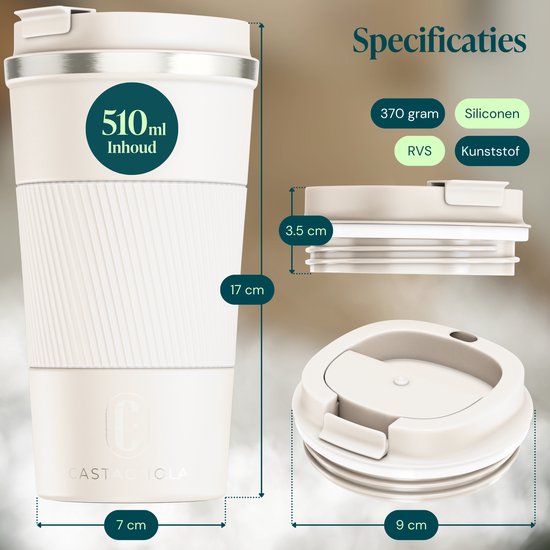 Mug isotherme Castagnola - Mug à café à emporter - Mug de voyage pour café et thé - Mug à thé - 510 ml - Acier inoxydable - Blanc cassé