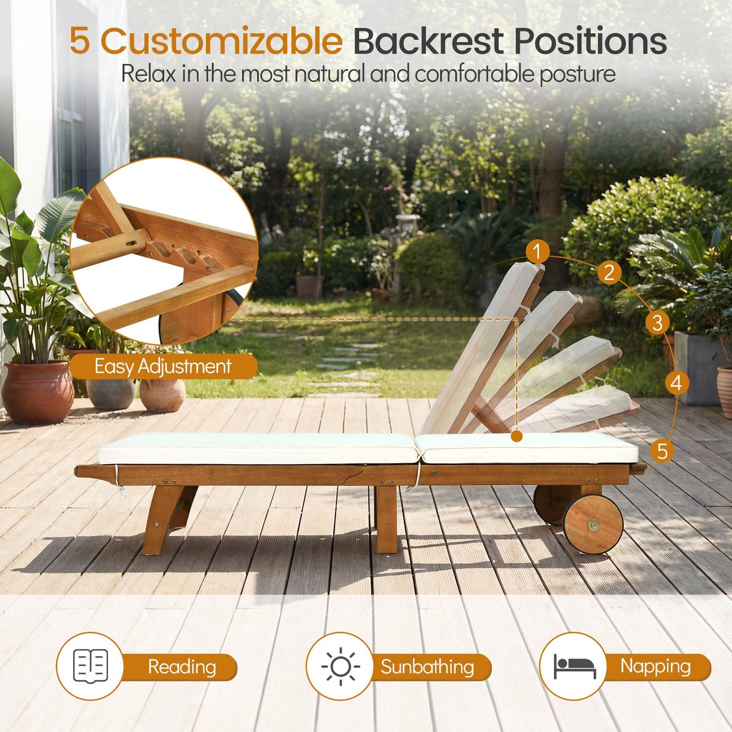 Chaise longue en bois Coast à dossier réglable - 194 x 68 x 30-90 cm - Beige/Naturel