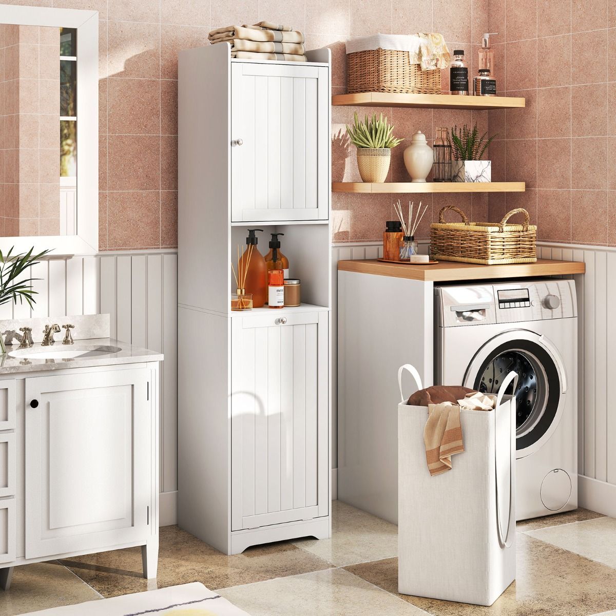 Armoire de salle de bains Coast avec panier à linge - armoire de rangement haute et étroite - étagère réglable - blanche 170 cm