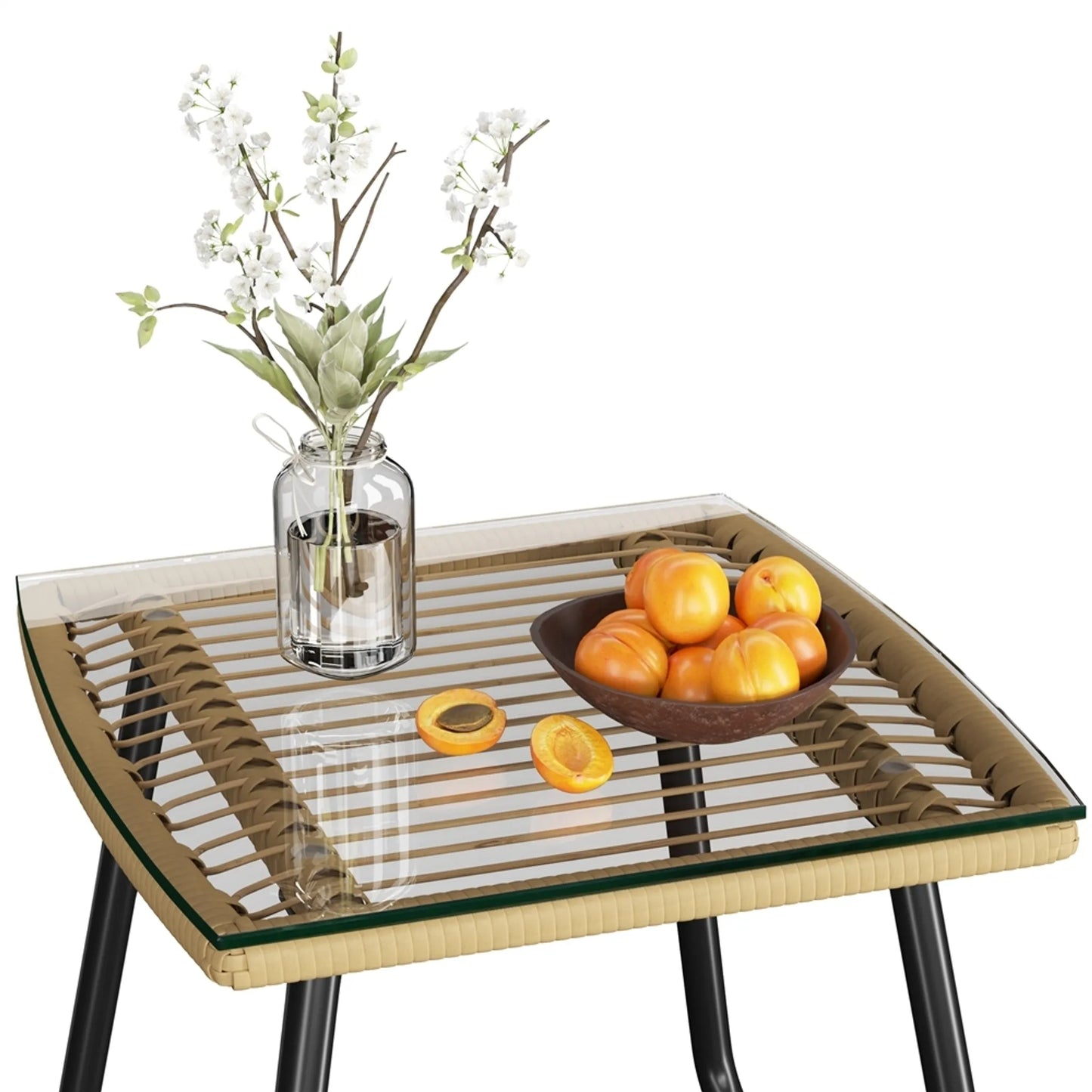 Yaheetech Bistro Garden Set 3-Piece - 61 x 65 x 76 cm - Comprend un plateau de table en verre et un siège et des coussins décoratifs - Pour balcon et terrasse - Light Brown and Metal