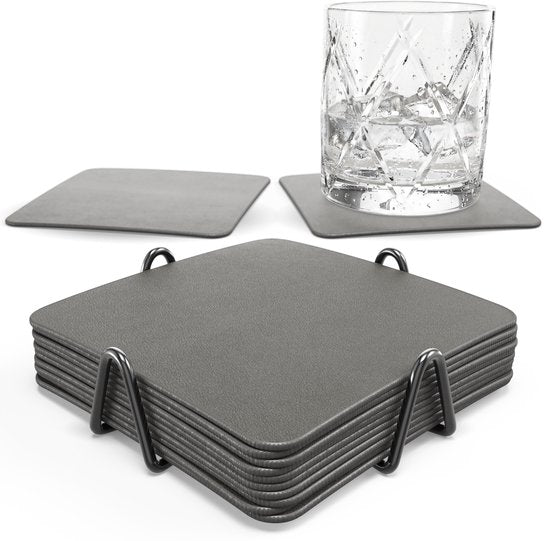 Sous-verres en simili cuir Castagnola – Sous-verres pour verres – Sous-verres design avec support – Lot de sous-verres en cuir avec support métallique – Cuir – Lot de 10 – Gris – 10 x 10 cm