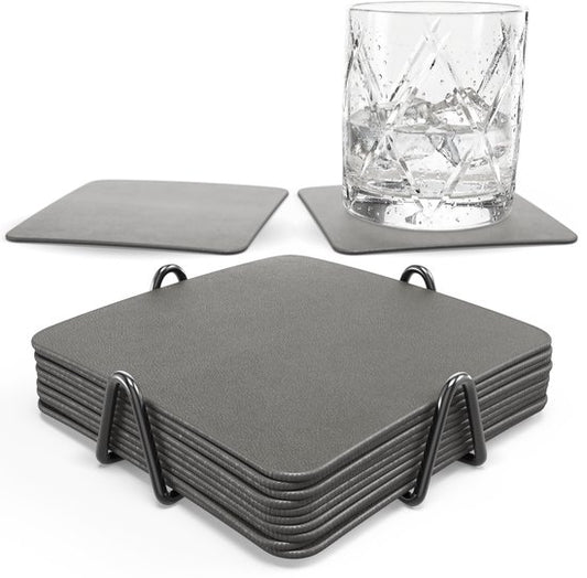 Sous-verres en simili cuir Castagnola – Sous-verres pour verres – Sous-verres design avec support – Lot de sous-verres en cuir avec support métallique – Cuir – Lot de 10 – Gris – 10 x 10 cm