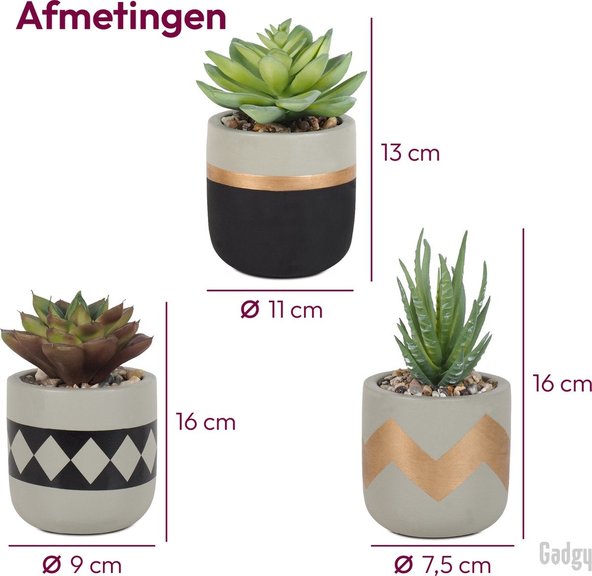 Gadgy Plantes Artificielles d'Intérieur - 3 pièces - Plantes de lard artificielles en pot de pierre - Fausses plantes - 13 à 16 cm
