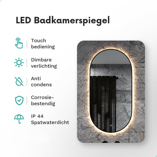 Mirlux Miroir de salle de bain avec éclairage LED et chauffage - Miroir mural ovale - Cadre noir - 120x60CM