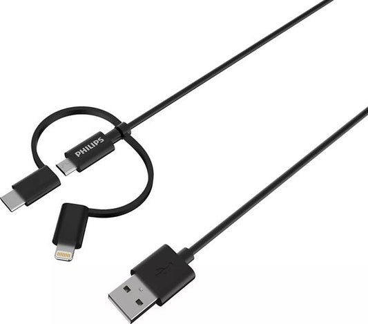 Câble de charge 3-en-1 Philips DLC3104T/03 - Câble USB Lightning, Micro-USB, USB-C - Compatible avec Apple et Samsung - 1,2 mètre - Noir