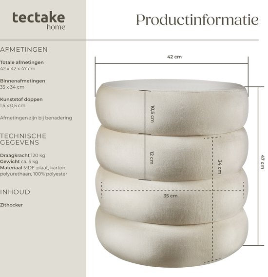 tectake® Tabouret avec rangement - Tabouret scandinave en tissu velours - Tabouret rembourré rond pour coiffeuse, chambre, salon ou comme meuble d'entrée - Tabouret de rangement - crème