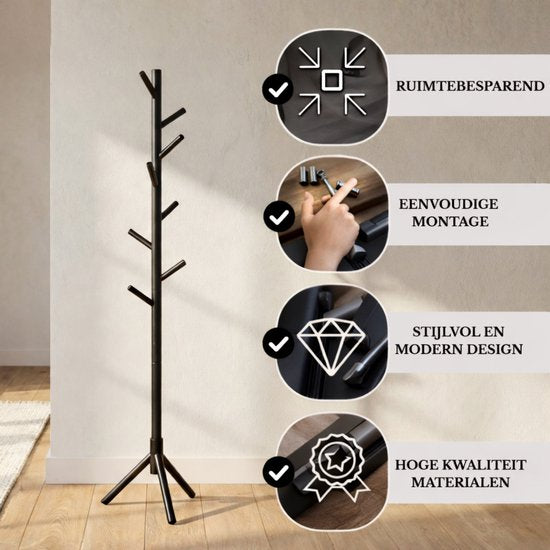 Bayt Porte-manteau - Porte-manteau sur pied - Porte-manteau bois - Porte-manteau sur pied - Porte-manteau - 8 crochets - 175 cm - Noir