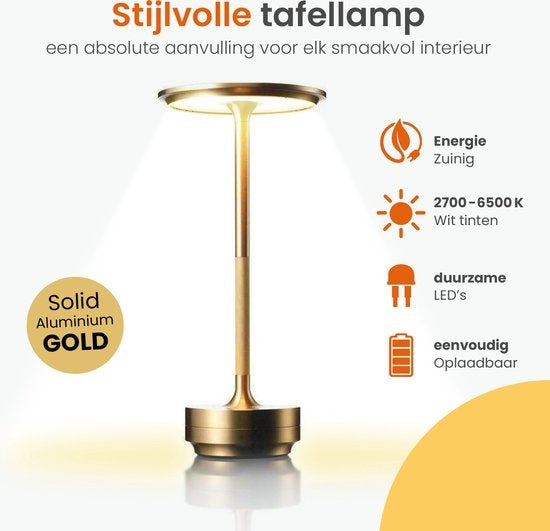 Goliving Lampe de table Rechargeable - Sans fil et dimmable - Lampe tactile moderne - Lampe de nuit pour la chambre à coucher - Résistant aux éclaboussures - 27 cm - Or