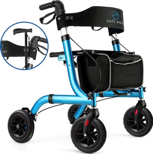 Déambulateur SafeLife pliable avec fonction siège - pour usage intérieur et extérieur - 61CM x 70CM x 82-95CM - Bleu