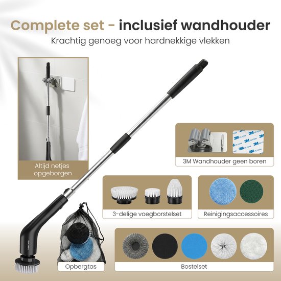 Brosse de nettoyage électrique Vapore - 14 accessoires + set de brosses à joints - moteur 421 tr/min - 3 vitesses - manche extensible de 118 cm - support mural 3M - polisseuse - brosse à récurer - pour la salle de bains et la cuisine