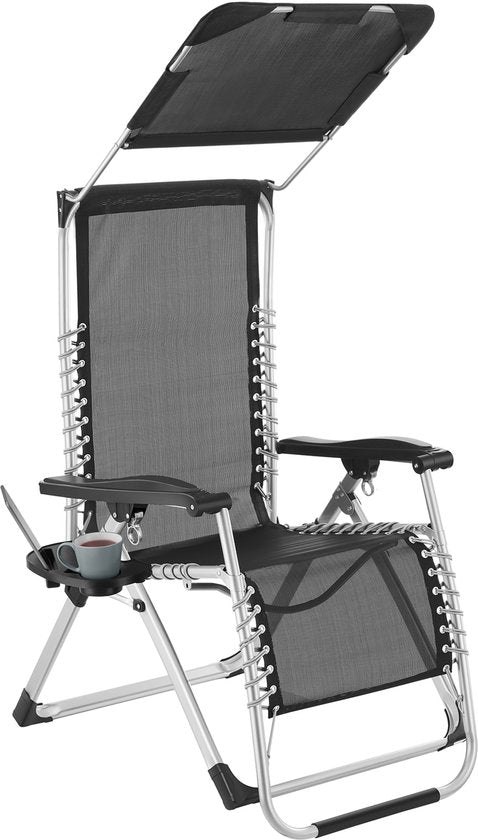 tectake® Chaise longue pliable avec parasol - Chaise de jardin avec table - Porte-gobelet - Réglable à l'infini - Pour balcon, camping ou jardin - Chaise de relaxation avec coussin extra épais - Chaise de plage - Chaise longue - Div. couleurs - Gris