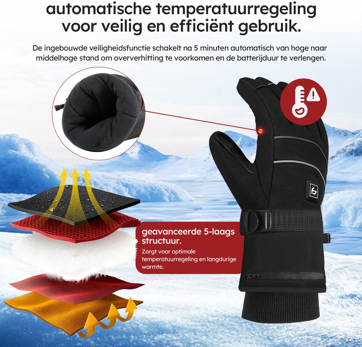 Gants chauffants Saaf Pro M - 3 positions - Rechargeable - Imperméable et coupe-vent - Noir - 28x11 cm