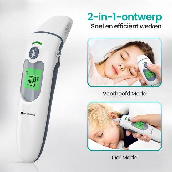 MostEssential Thermomètre digital de fièvre 2-en-1 - Thermomètre auriculaire - Thermomètre frontal et corporel - Thermomètre de fièvre pour adultes, enfants et bébés - Sans contact - IR30