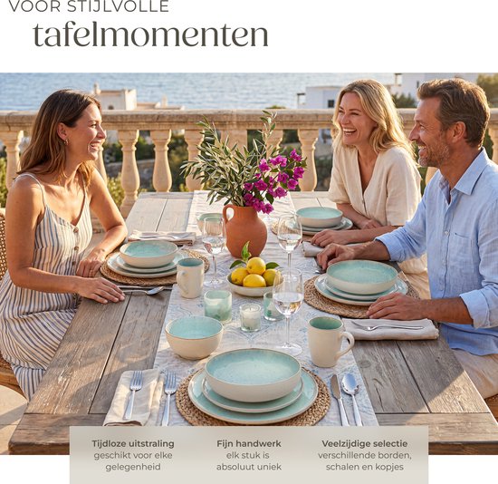 tectake® Service de table Mare - 30 pièces - Grès à émail brillant - Pour 6 personnes - Service de table fait main - Service de table moderne comprenant des grandes et petites assiettes, des bols, des coupelles et des tasses - Lavable au lave-vaisselle et