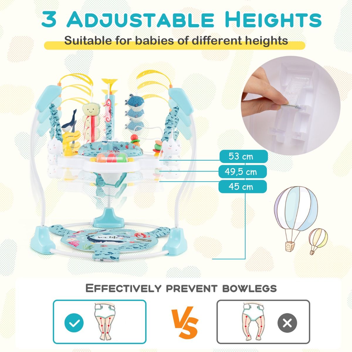 Coast Baby Sky Jumperoo - Light Blue/White - 87x87x94 cm - 3 hauteurs, siège pivotant à 360° et centre de jeu interactif