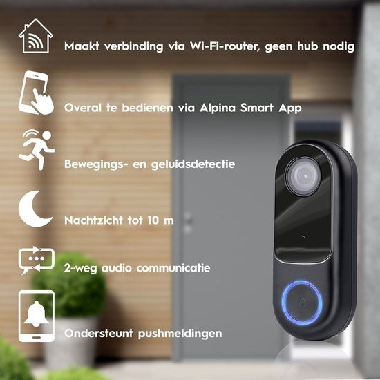 Alpina Smart Home Video Doorbell avec caméra et Wifi - Full HD - Interphone - Vision nocturne - Capteur de son et de mouvement - IP54