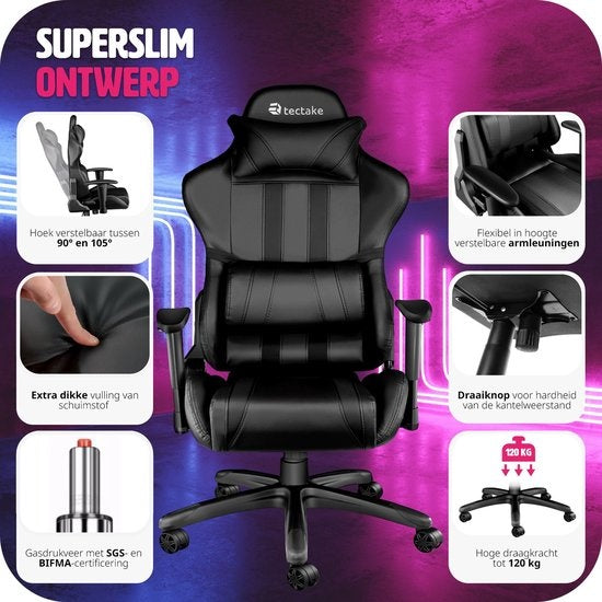 tectake® - bureaustoel gamingchair - luxe burostoel kantoorstoel - racingstoel burostoel gamestoel - zwart - kunstleer - verstelbaar - incl. rug- en nekkussen