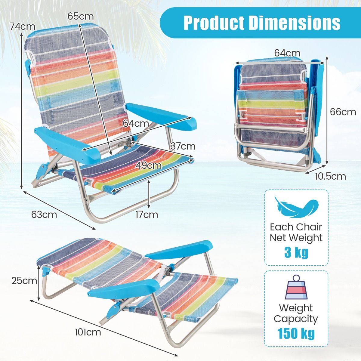 Lot de 2 chaises de plage pliantes Coast - Dossier réglable - Chaises de camping légères - 64 x 63 x 74 cm