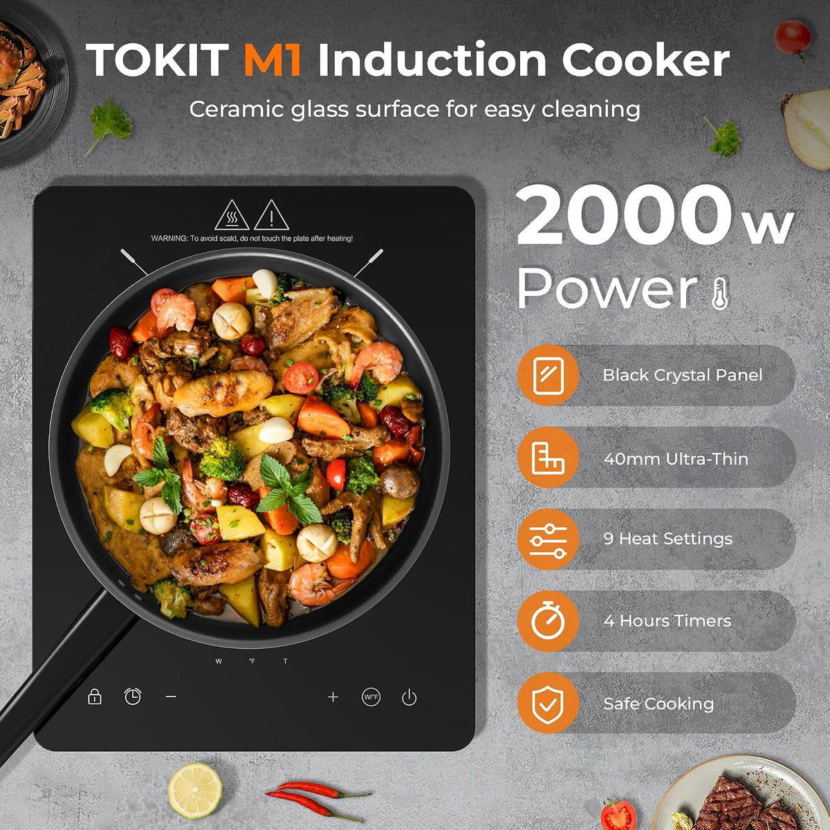 Plaque à induction Tokit 2000 W – 9 niveaux de cuisson, minuterie de 90 min – Ultra-fine (40 mm) – Noire