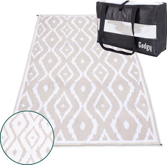 Tapis d'extérieur Gadgy XXL - Tapis d'extérieur 300x200 cm - Tapis de jardin double face - Tapis de pique-nique beige blanc - Tapis d'extérieur