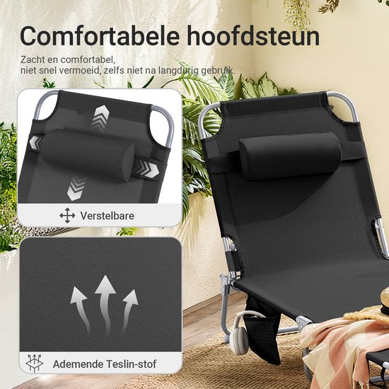 Chaise longue pliable SoBuy, chaise longue de jardin réglable avec appui-tête et sac de rangement, chaise de détente ergonomique pour l'extérieur, le jardin, le balcon et la terrasse, noire, OGS35-SCH