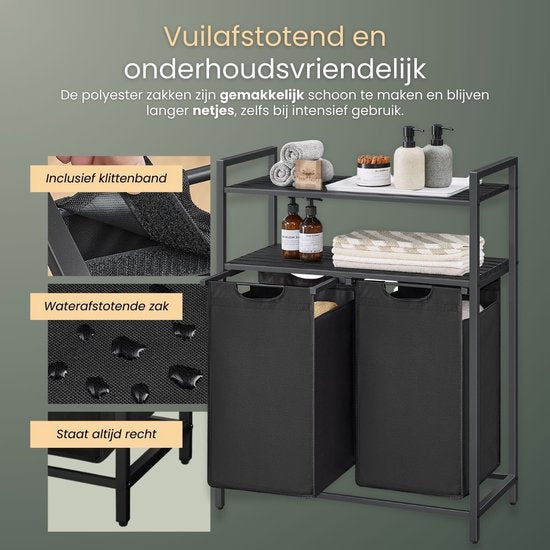 O'DADDY® Panier à linge avec 2 compartiments et 2 étagères - 76 litres - Trieur de linge coulissant - Organisateur de linge - Panier à linge - Boîte à linge - Double panier à linge - Noir/Marron