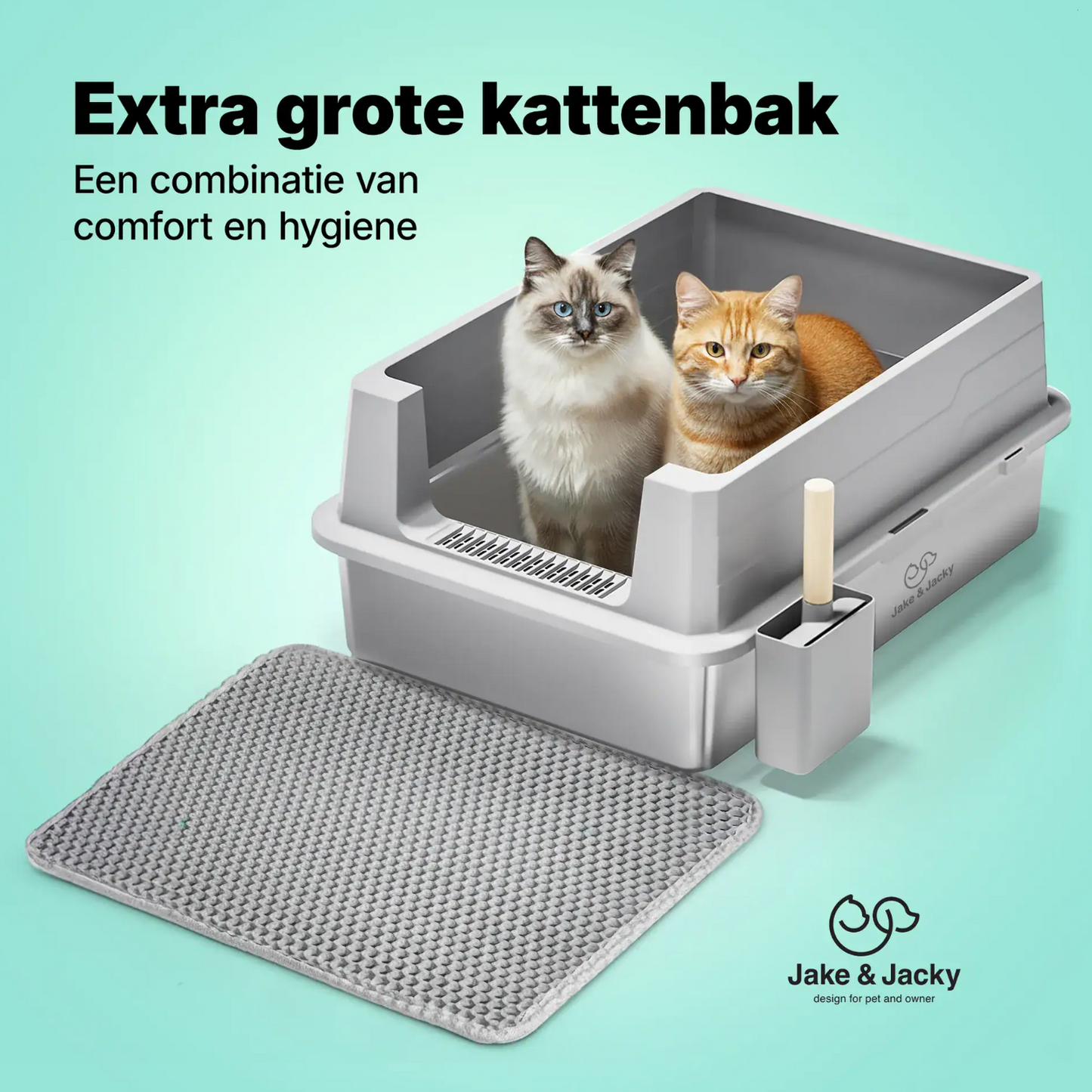 Bac à litière ouvert Jake & Jacky en acier inoxydable XXL - pour grands chats - avec pelle à litière, support et tapis de protection contre les projections