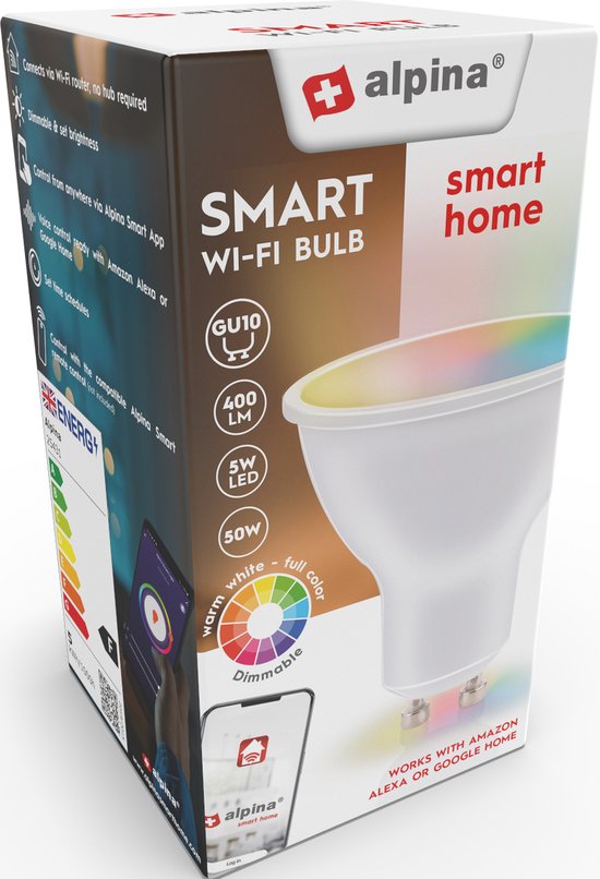 alpina Smart Home RGB Lamp - GU10 - 5W - WW + RGB - Smart Lighting - LED - App Control - Voice Control - Amazon Alexa - Google Home