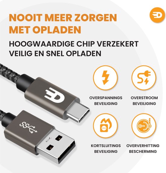 Drivv. Câble USB vers USB C - Chargeur rapide - Câble de données et de charge USB C - 2 mètres - Convient à Samsung, iPhone 15 et autres - Gris moderne