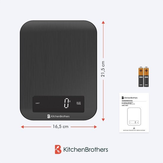 KitchenBrothers Kitchen scale - Balance de cuisine - Numérique - 1g à 10kg - Piles incluses - Acier inoxydable/Noir Gunmetal