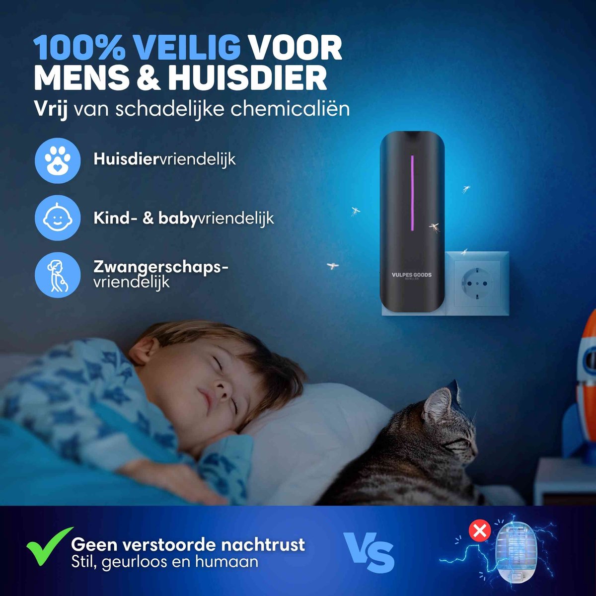Vulpes Goods® Lampe anti-moustiques 9x9x25cm - Gris - Lampe anti-mouches UV-LED avec bande adhésive - Silencieuse, inodore et sans poison - Inclut 10 feuilles de colle rechargeables - Pour l'intérieur