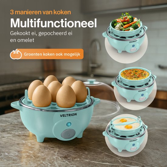 Cuiseur à œufs électrique Veltrion - Jusqu'à 7 œufs - Cuisson, œufs pochés, œufs brouillés et omelettes - Avec minuterie et verre doseur intelligent - Lavable au lave-vaisselle - Bleu