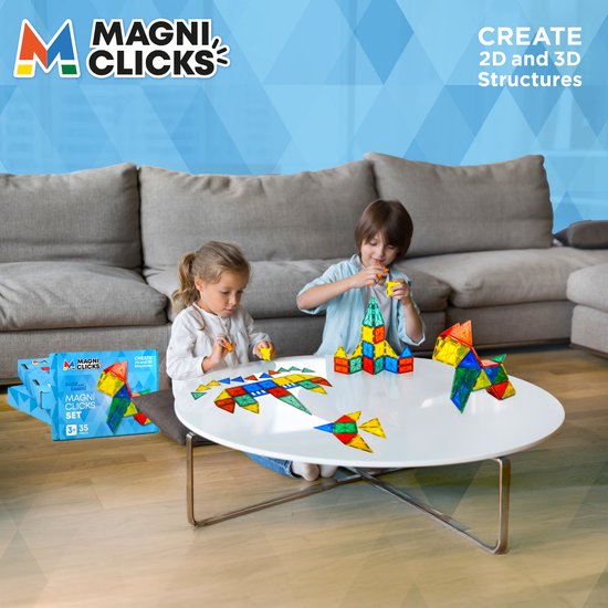 MagniClicks Magnetic Tiles 35 pieces - Jouets magnétiques - Montessori - Tuiles magnétiques - Blocs de construction