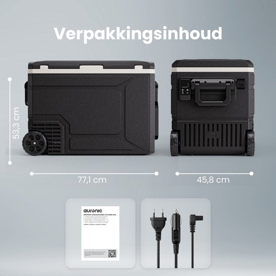 Auronic Electric Cool Box - Compresseur - 80L - 12V et 240 volts - Réfrigérateur de camping - Frigobox Car - Avec roues et poignée - Noir
