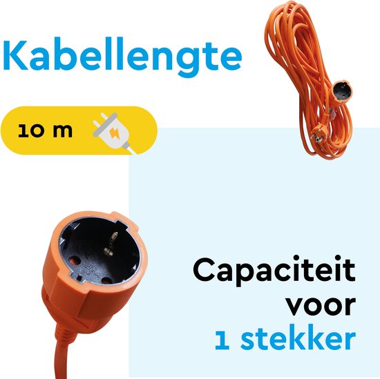 BRASQ Rallonge de 10 mètres, orange - Rallonge avec prise de terre - Rallonge pour usage intérieur