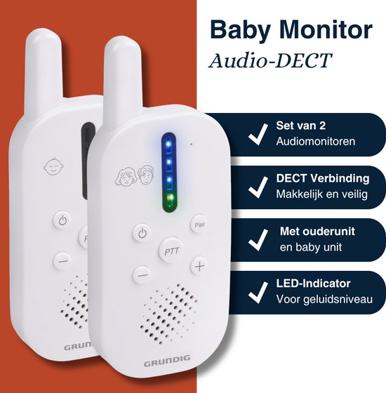Babyphone audio DECT Grundig - Babyphone d'une portée de 150 m - Unité parents et unité bébé - avec indicateur sonore à LED et fonction interphone - Accessoires pour chambre de bébé - Blanc