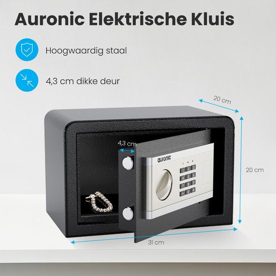 Auronic Coffre-fort électronique - Serrure Digitale - Clé - Montage mural - Porte 4.3cm - Alarme 130dB - 8L - 31x20x20cm - 4.5KG - Acier - Noir