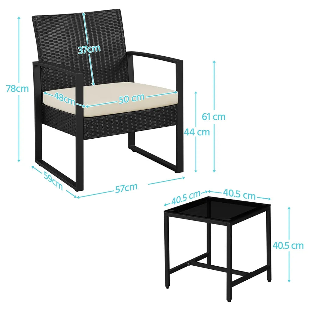 Ensemble de mobilier de jardin Yaheetech 3 pièces - Noir/Beige - Ensemble de balcon en polyrotin avec table d'appoint et plateau en verre