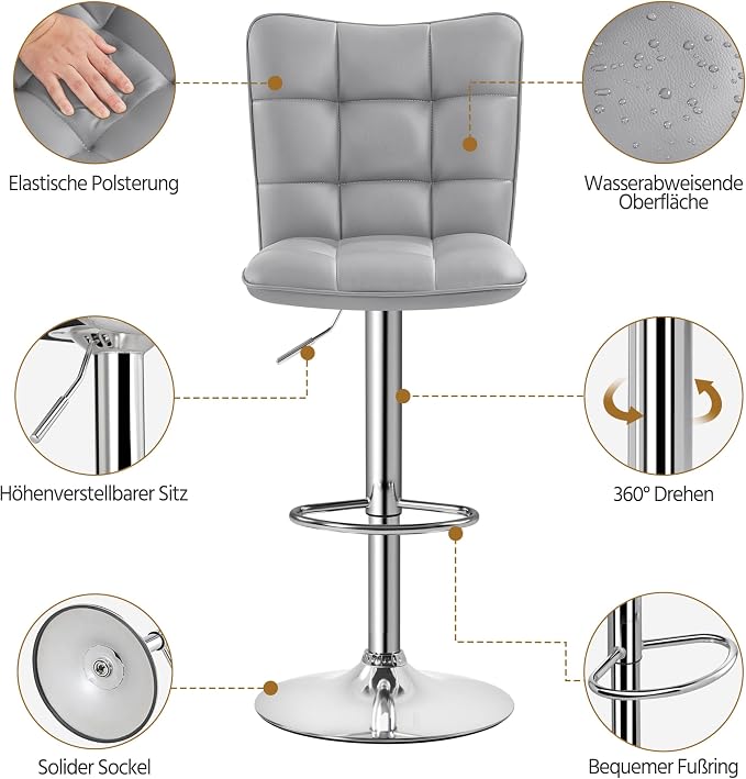 Tabourets de bar Yaheetech - Lot de 2 - Réglables et pivotants à 360° - Gris clair