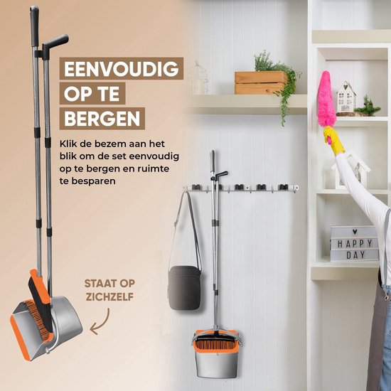 TTD® Pelle et brosse avec long manche XXL - réglable 54-263 cm - balai - manche de balai - gris et orange - pelle et brosse - poubelle pour l'intérieur et l'extérieur - dents de nettoyage intégrées
