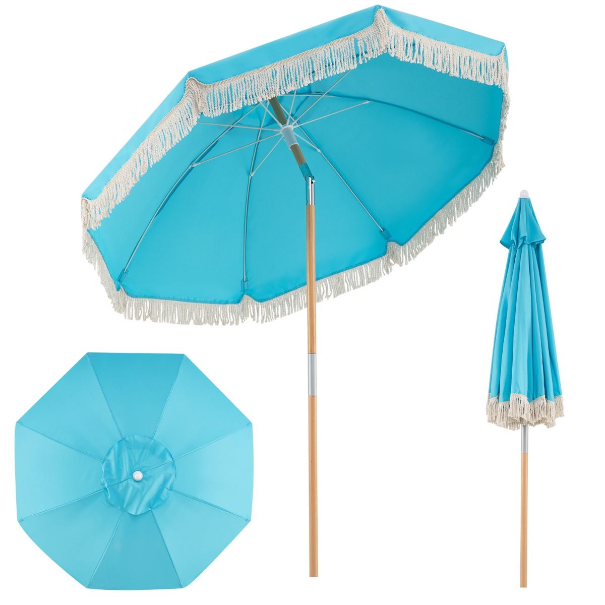 Parasol de jardin Coast à franges - parasol de plage en bois - inclinaison réglable - bleu