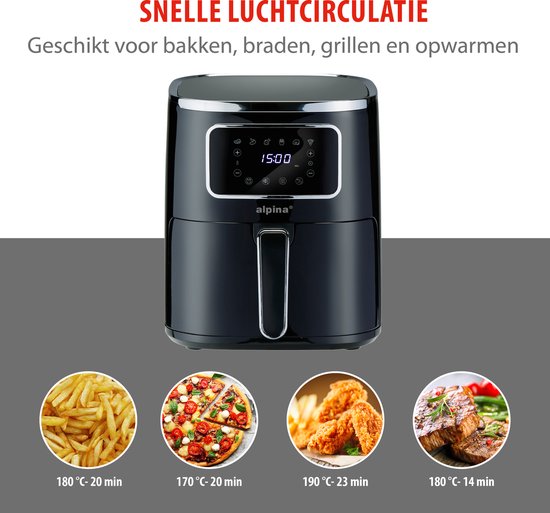 alpina Airfryer 4.5L- Friteuse à air chaud pour 3 à 4 personnes - Friteuse à air avec affichage numérique - Température réglable de 80°C à 200°C - Minuterie jusqu'à 60 minutes - Friteuse à air chaud 1450W