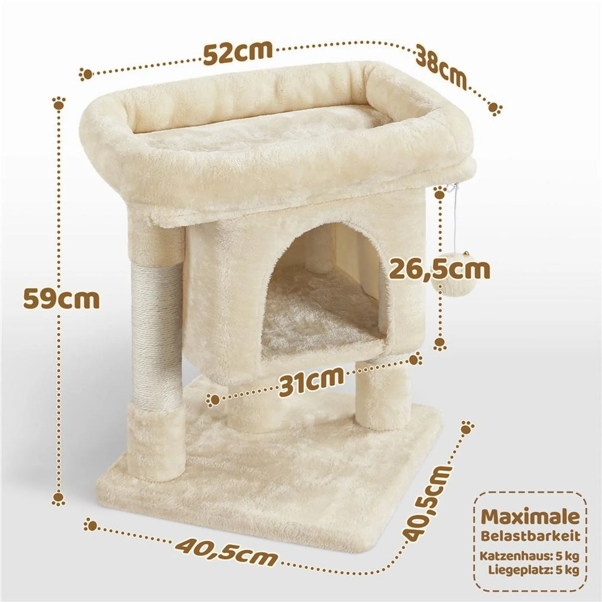 Arbre à chat Yaheetech - Beige - 40,5 x 40,5 x 59 cm - Abri pour chat, poteaux en sisal et balle à jouer