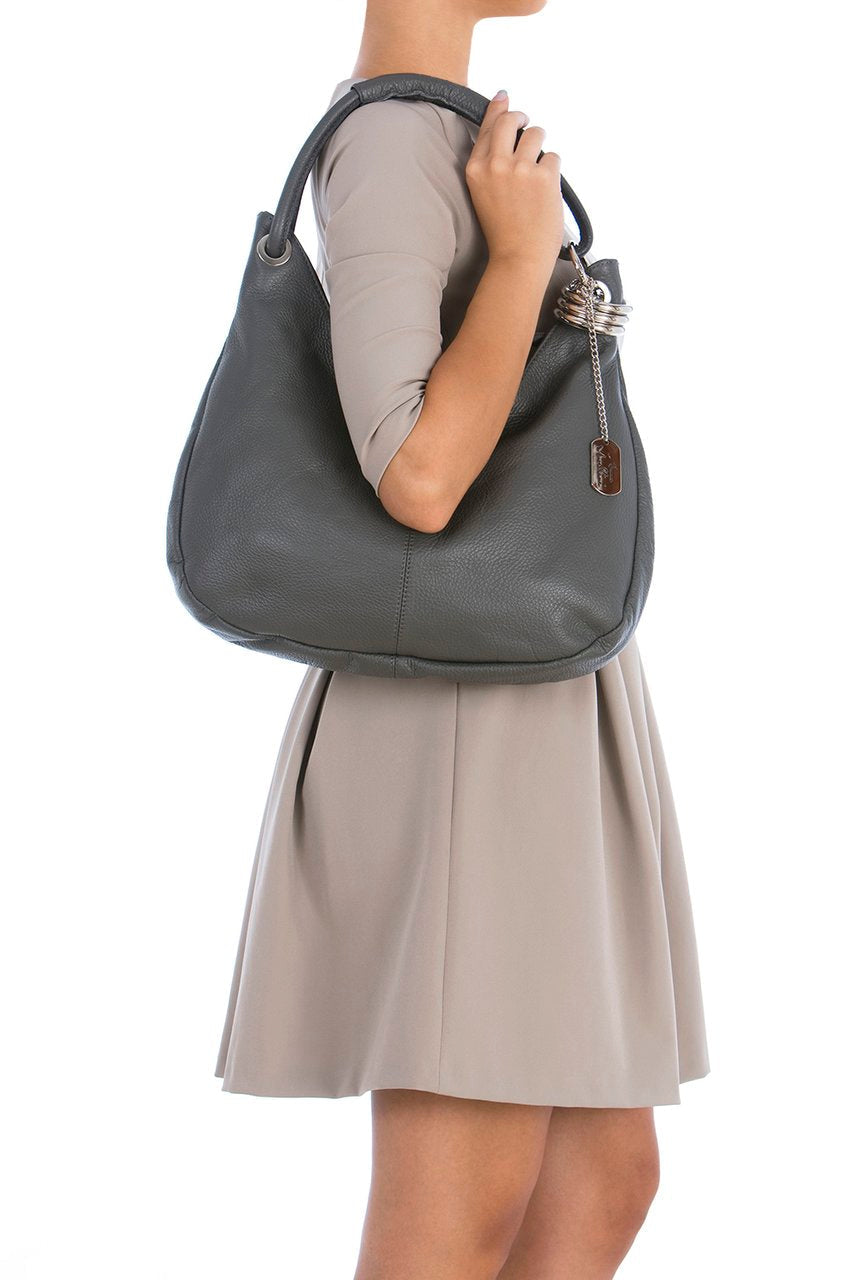 Sac hobo Anna Morellini Alba - Cuir de vachette véritable - Ash - 38 x 34 x 10 cm