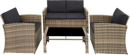 tectake® - Salon en osier set de jardin set de salon Lucca - canapé/2 chaises/table avec plateau en verre - couleur naturelle - 404916 - poly-rattan